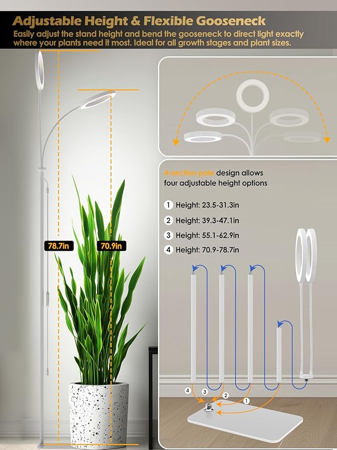 GLOWRIUM Grow Lights for Indoor Plants, Full Spectrum LED Grow Light, Stepless Dimming,3 Lighting Mode and Adjustable Height, Plant Light with 3/9/12/16H Timer (White, Dual Heads)