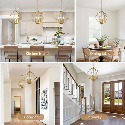 4-Light Brushed Gold Chandeliers for Dining Room, 15.6" Farmhouse Geometric Pendant Light Fixture for Entryway Foyer Kitchen Bathroom Over Sink