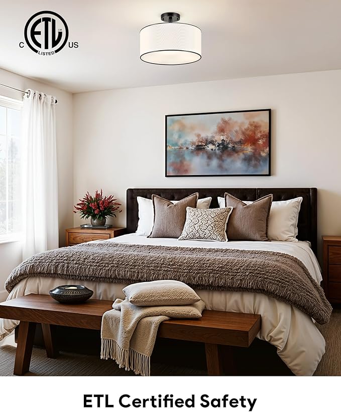VONLUCE Semi-Flush Mount Ceiling Light, 15" Modern 3-Light Ceiling Light Fixture with White Drum Shade 3 E26 Sockets for Bedroom Entryway Living Room, Black Finish, ETL Certificated