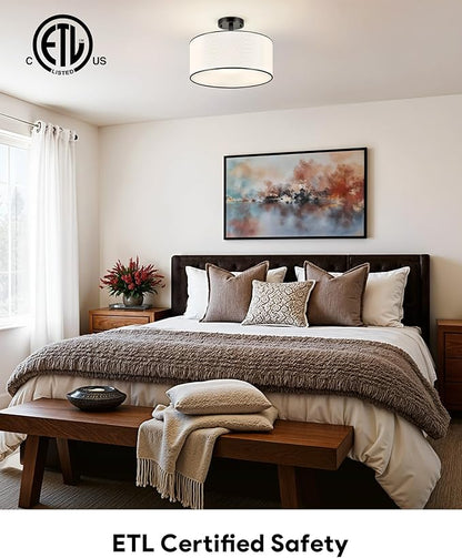 VONLUCE Semi-Flush Mount Ceiling Light, 15" Modern 3-Light Ceiling Light Fixture with White Drum Shade 3 E26 Sockets for Bedroom Entryway Living Room, Black Finish, ETL Certificated