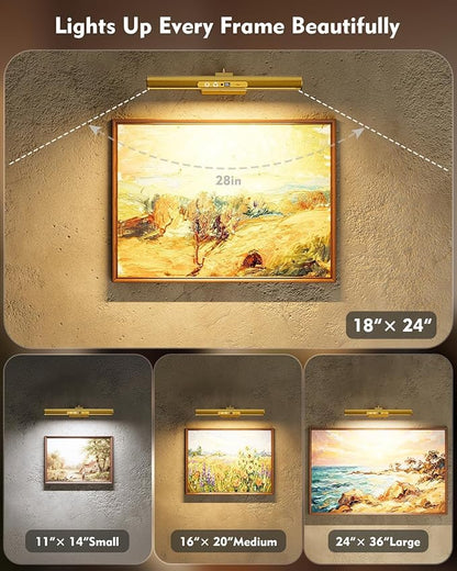 Skairipa Picture Light for Wall, 6000mAh Rechargeable Wireless Wall Lights, 13'' Dimmable Remote Magnetic LED Art Painting Light with 3 Color Temps, Display for Gallery, Living Room (Gold, 2Pack)