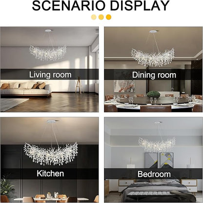 Modern Crystal Tree Branches Chandelier, 40in Silver 10 Lights Large Ceiling Hanging Light for Dining Room, Arc Raindrop Pendant Light Fixture
