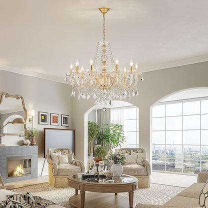 Large Crystal Chandelier, Modern Gold Crystal Chandeliers for Dining Room Light Fixture, 10-Lights Large Gold Pendant Light Fixtures Luxury Chandelier for Living Room Bedroom Foyer Entryway D26.8''