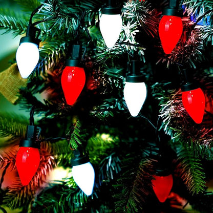 RECESKY C7 Bulbs Christmas String Lights with Remote - 50 LED 26ft Battery String Lights - Fairy Christmas Lighting for Garden Decor Bedroom Porch Xmas Ornament Christmas Decorations - Red White