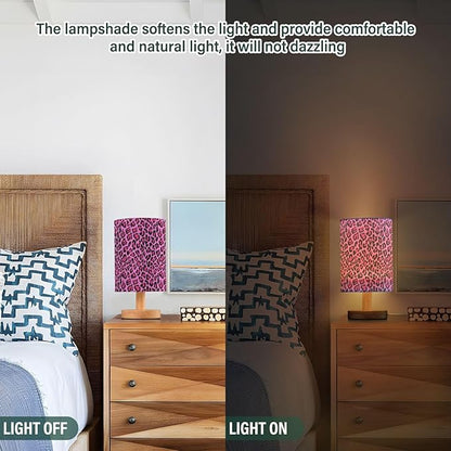 Bedside Table Lamp Pink Leopard Skin Nightstand Lamp with Wood Desk Lamps for Bedroom Living Room Nursery Office Home Decor