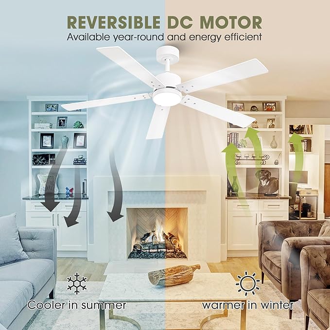 Ceiling Fans with Lights and Remote - 52 Inch Modern Cooling Fan with Noiseless Reversible DC Motor Timer White Ceiling Fan for Bedroom Living Room Dining room