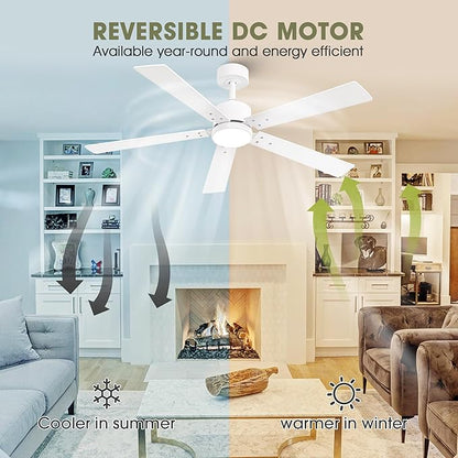 Ceiling Fans with Lights and Remote - 52 Inch Modern Cooling Fan with Noiseless Reversible DC Motor Timer White Ceiling Fan for Bedroom Living Room Dining room
