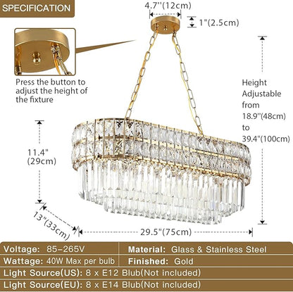Modern Crystal Chandelier Gold Finish Light Fixture, Oval Crystal Pendant Light Hanging Lamp, for Living Room, Dining Room, Restaurant, E12 x 8, 29.5 x 13 inch