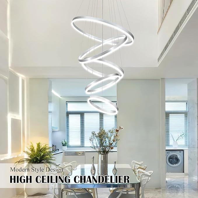 5 Rings Pendant Lights Modern Nickel Led Chandelier Nickel Modern Led Pendant Light Dimmable Height Adjustable Chandeliers for Dining Room Bedroom Entryway Living Room Foyer (3000K-6000K)