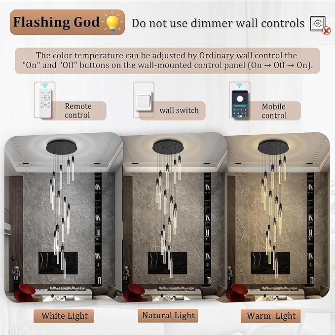 Flashing God 137'' Large Crystal Chandeliers for High Ceiling 16-Lights Stairway Chandelier Modern Black Chandelier Crystal Pendant Ceiling Light for Living Room Foyer Entrance