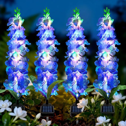 MRHEPHAESTUS Solar Garden Lights, Solar Blue Delphinium Flowers Lights 4 Pack 80 LEDs, Waterproof Outdoor Light Two Lighting Modes for Outside Wedding Party Garden Yard Patio Lawn Decor