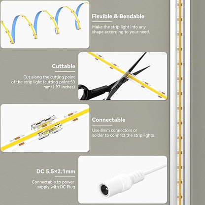 MIWISE COB LED Strip 20ft/6.1m,CRI 90+ Warm White 3000K High Lumen Super Bright Flexible DC24V LED Tape Light,for Cabinet Home Office DIY Lighting Projects(Adapter & Controller NOT Included)