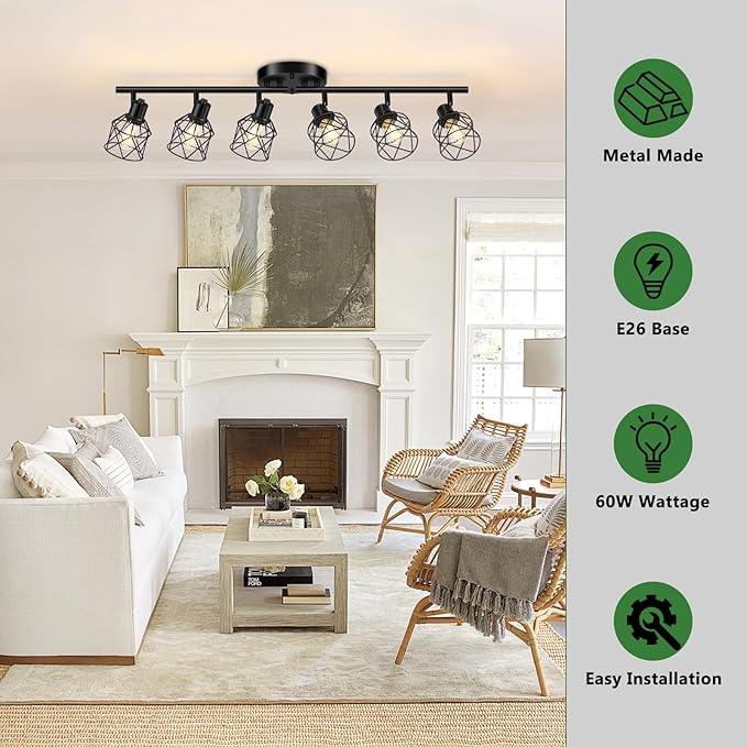 Baocuz 6-Lights Black Semi Flush Mount Ceiling Light, Multi-Directional Ceiling Light Fixtures, Rotatable Kitchen Track Lighting Fixtures with Wire Cages for Living Room, Dining Table, Foyer