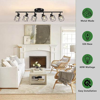 Baocuz 6-Lights Black Semi Flush Mount Ceiling Light, Multi-Directional Ceiling Light Fixtures, Rotatable Kitchen Track Lighting Fixtures with Wire Cages for Living Room, Dining Table, Foyer