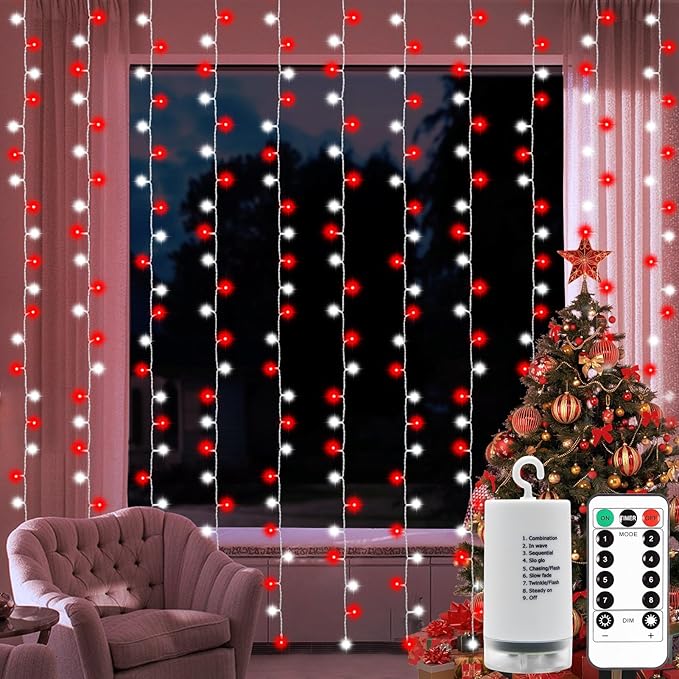 Red White Battery Curtain Lights 300LEDs Christmas Curtain Lights 9.8(L) x9.8ft(H) Christmas Lights Candy Cane Curtain Light with Remote Control 8 Modes Timer Built in for Holiday Decoration