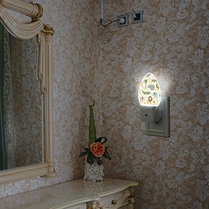 Cartoon Safari Animals Night Light Cute Hippo Crocodile Lion Elephant and Giraffe LED Dusk to Dawn Plug-in Nightlight Auto Sensor for Bedroom Bathroom Hallway Living Room