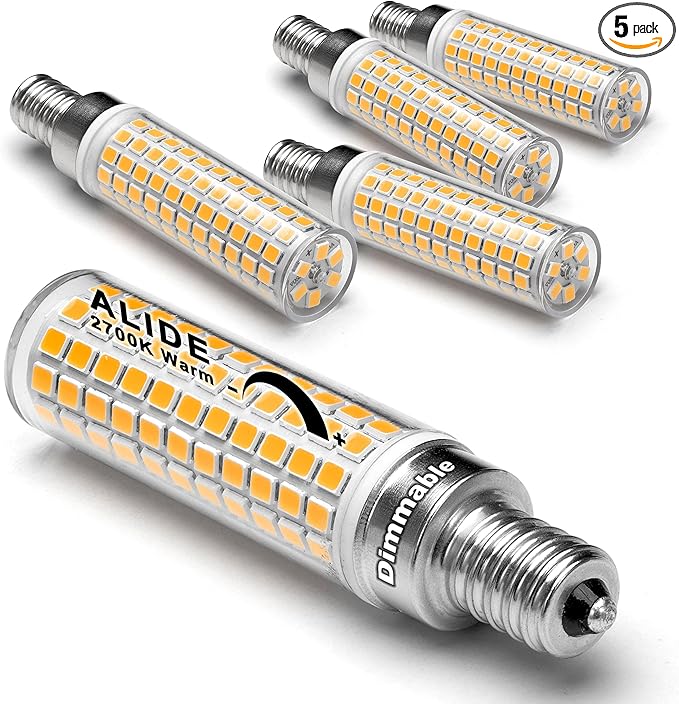 ALIDE Dimmable E12 100 Watt Equivalent LED Candelabra Bulbs C7,2700K Warm White,1000LM T6 E12 10W LED Ceil Fan Light Bulbs for Chandelier Pendant Lighting Salt Lamp,5 Pack
