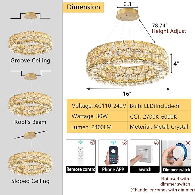 Crystal Chandeliers Modern Rings Pendant Light LED Dimmable Ceiling Light for Bedroom Dinning Room Kitchen Gold