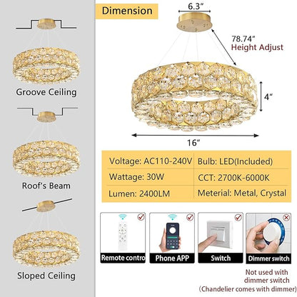 Crystal Chandeliers Modern Rings Pendant Light LED Dimmable Ceiling Light for Bedroom Dinning Room Kitchen Gold