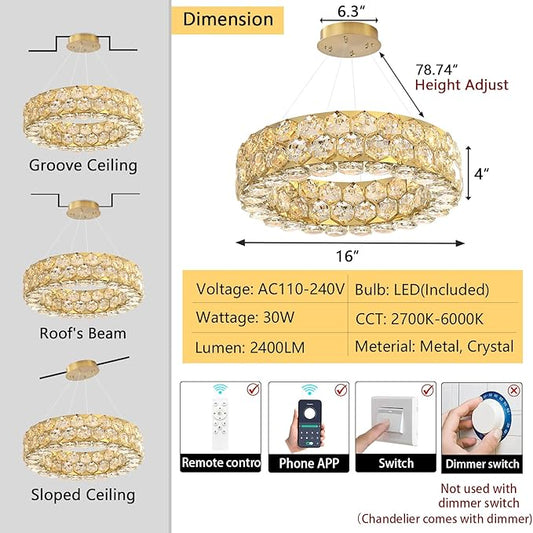 Crystal Chandeliers Modern Rings Pendant Light LED Dimmable Ceiling Light for Bedroom Dinning Room Kitchen Gold