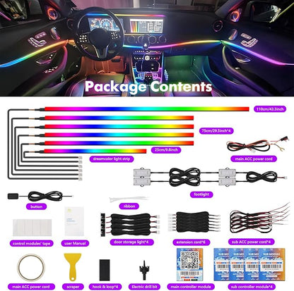 Dreamcolor Acrylic Car Ambient Lighting Kit 14 in 1 LED Interior Car Strip Lights APP Control Zoned Control System 252 Color Modes DIY Neon Wireless Sound Activated RGB Neon Light Kits New Version