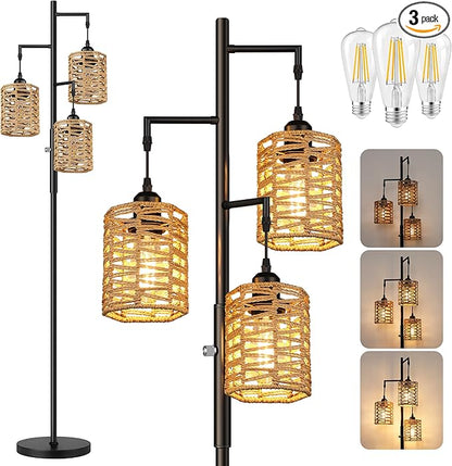 ROTTOGOON Dimmable Rattan Floor Lamp, 3 x 800LM LED Bulbs Included, Boho Tree Standing Lamps with 3 Hand-Woven Octagonal Lantern Shades, Industrial Floor Lamp for Living Room, Bedroom, Office - Black