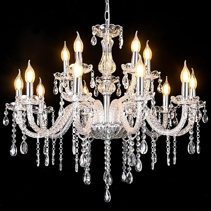 MALOSA Large Clear Crystal Chandeliers,30.7" Large Chandelier for Dining Room,Living Room,Bedroom,Hallway,High Ceilings Wedding Party 15 Lights