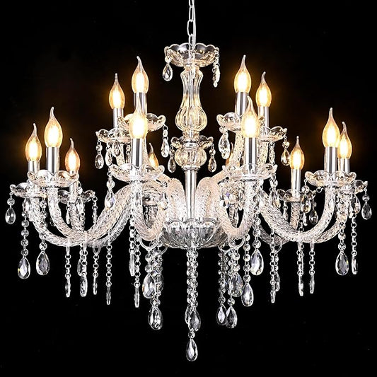 MALOSA Large Clear Crystal Chandeliers,30.7" Large Chandelier for Dining Room,Living Room,Bedroom,Hallway,High Ceilings Wedding Party 15 Lights