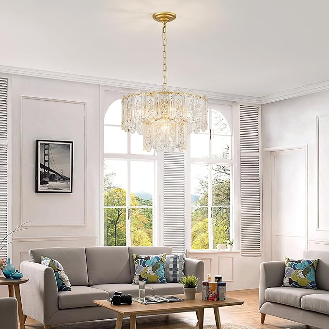 5-Lights Luxury Glass Chandeliers, Mid-Century Modern Chandeliers for Dining Room, D18.5'' × H18.9'', Adjustable Height (18.9"~51.2"), Gold Finish Frame & Double Figured Glass Shade