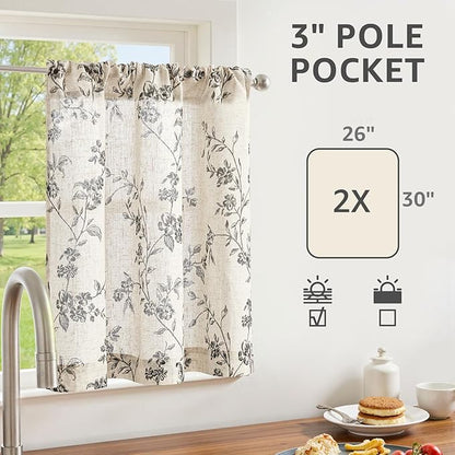 jinchan Floral Kitchen Curtains 30 Inch Linen Tier Curtains Farmhouse Cafe Half Window Drapes Over Sink Light Filtering Black on Beige for Living Room Laundry RV Rod Pocket 2 Panels