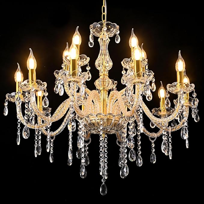 YYSHCHEN Gold Large Crystal Chandelier,30.7" Classic Large Chandelier for Dining Room, Living Room,Bedroom,Hallway,High Ceilings 15 Lights.