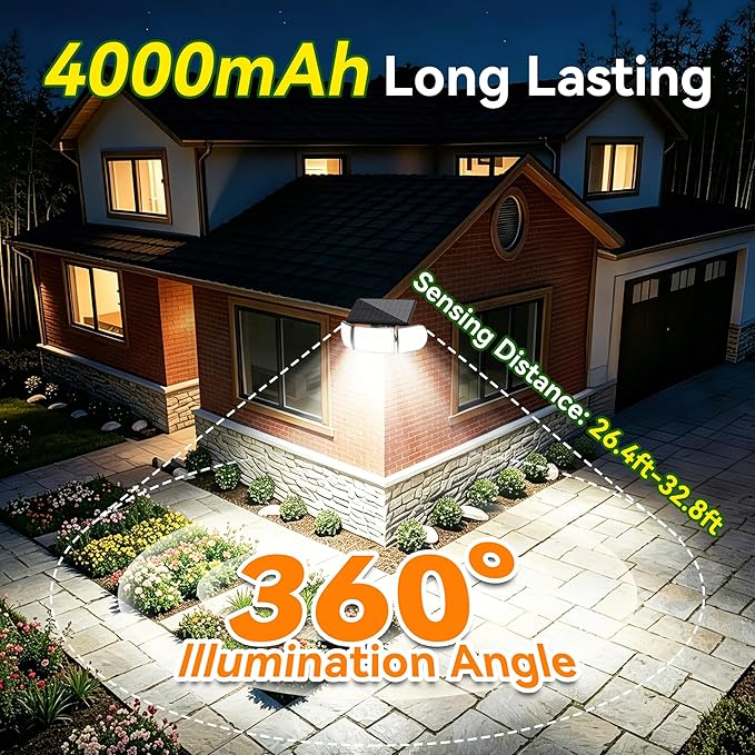 Solar Outdoor Light 4000mAh, 360 Rotatable Solar Panel, Motion Sensor with Remote Control, Multi-Direction Adjustable Side Panels, IP65 Waterproof Security Light for Yard Driveway Porch (2)