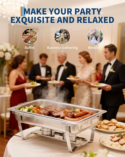 Garvee Chafing Dish Buffet Set 6 Pack, 8QT Buffet Servers and Warmers Set with Lid & Foldable Frame, Rectangular Stainless Steel Chafer Food Warmer for Parties Wedding Catering Supplies, Silver