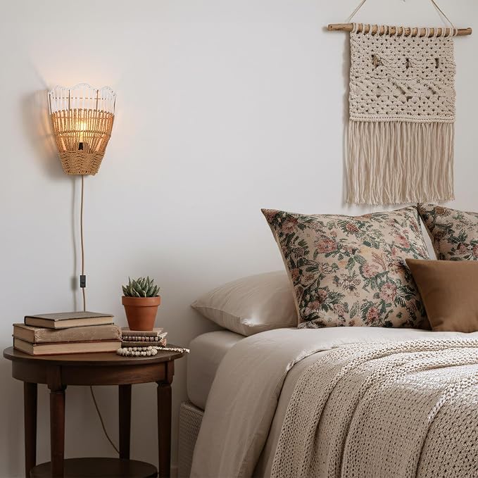 Plug-in Boho Wall Sconces Set of 2, Handwoven Rattan Wall Lights with On/Off Switch, Bohemian Light Fixtures for Bedroom, Living Room & Entryway