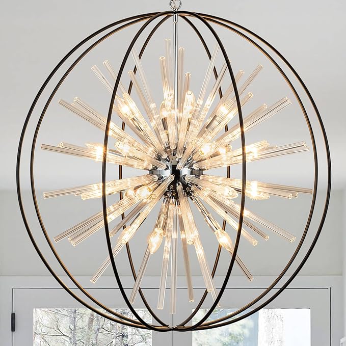 Vezzio 35 inch Large Black Crystal Chandelier Modern Globe Chandeliers for High Ceilings 20-Light Round Chandelier for Foyer Entryway Stairway Dining Room Hallway