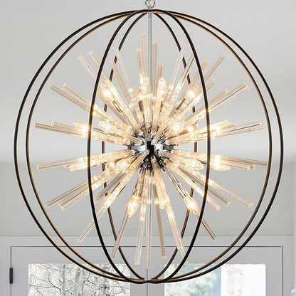 Vezzio 35 inch Large Black Crystal Chandelier Modern Globe Chandeliers for High Ceilings 20-Light Round Chandelier for Foyer Entryway Stairway Dining Room Hallway