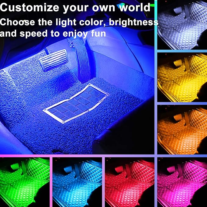 Car LED Strip Light Interior, Sound Active 4 Lines 48 LEDs Multicolor Music Sync Interior Car Lights Under Dash Waterproof led Lights for car, Wireless Remote Control, with Car Charger,DC 12V