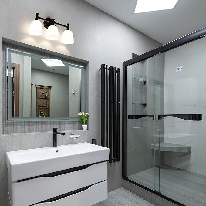 Black Bathroom Vanity Light, 3-Light Bathroom Light Fixtures Over Mirror, Traditional Vanity Lights for Living Room, Milk White Bell Glass Shades, Standard E26 Base, Matte Black
