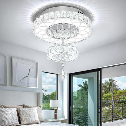 Flashing God Dia 16" Mini Chandelier Modern Crystal Chandeliers for Hallway LED Dimmable Flush Mount Ceiling Light for Dining Room Living Room Bedroom