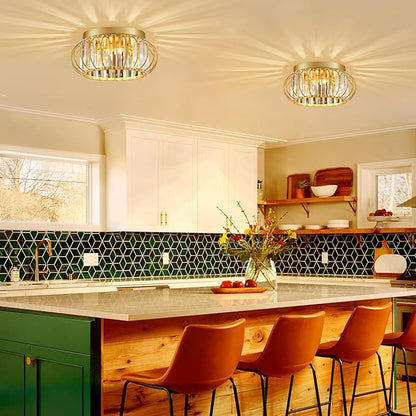 3-Light Modern Crystal Chandelier Gold Flush Mount Ceiling Light Fixtures for Hallway Foyer Bedroom Kitchen Dining Room Living Room, Metal Indoor ‎Close to Ceiling Lamp