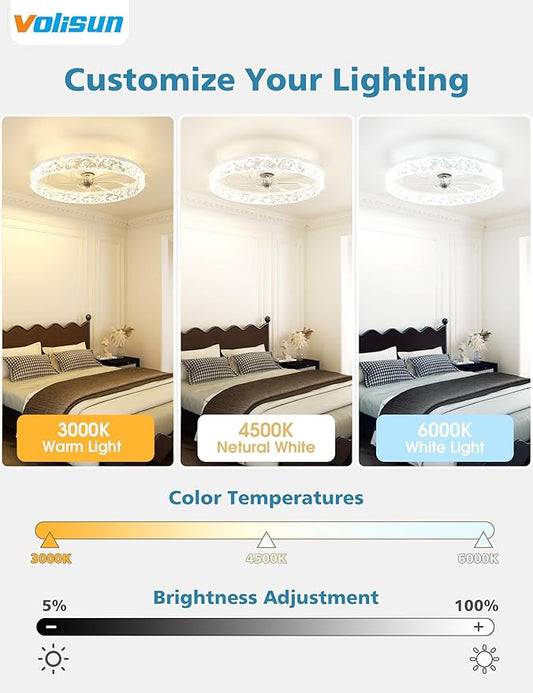 VOLISUN Low Profile Ceiling Fan with Lights and Remote, 20in Modern Ceiling Fans Flush Mount, 3000K-6500K Dimmable Bladeless LED Fan Light, White Fandelier Ceiling Fans with Lights for Bedroom