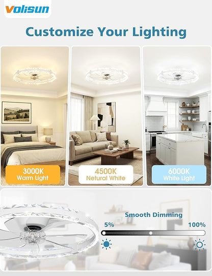 VOLISUN Low Profile Ceiling Fans with Lights and Remote, 24in Fandelier Ceiling Fans with Lights Flush Mount, Dimmable Bladeless LED Ceiling Fan Light, White Modern Ceiling Fan Light for Bedroom