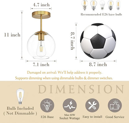 Bagood Gold Semi Flush Mount Ceiling Light Fixture with Clear Glass Light Fixture Mid Century Light Fixtures Gold Semi Flush Ceiling Light Fixtures for Dining Room Kitchen Island (Bulb Incl)