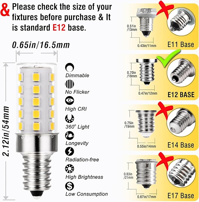 ALIDE E12 4000K Dimmable LED Light Bulb 5W,Replace 40W E12 Halogen Equivalent,T6 Base 120V E12 C7 LED Candelabra Bulbs Natural White for Pendant Chandelier Lighting,450lm,10Pack