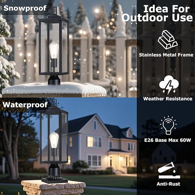GRUENLICH Outdoor Lamp Post Light Fixtures, Exterior Pole Lantern with Tempered Glass, 20.5 Inch Fence Post Lighting for Garden Yard Pathway, Black, 2 Pack