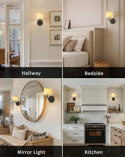 PUSU LED Cordless Black H9.6 inch Small Wall Sconces Set of 2, Rechargeable 5200mAh Battery Operated Fabric Wall Lamp with Remote, Lighting for Living Room, Bedroom, Hallway, Bathroom, Stairs, Kitchen