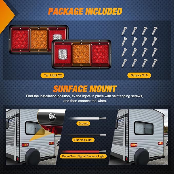 Nilight LED Triple Tail Light 2PCS Rectangle Red Amber Stop Brake Turn Signals White Reverse Back Up Lights Surface Mount Waterproof Trailer Camper Van RV Caravan Taillights