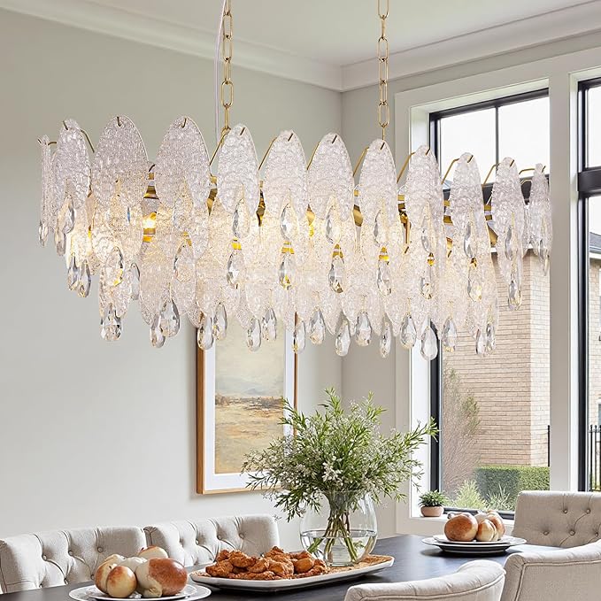 40-inch Gold Rectangle Chandelier for Dining Room,Modern Luxury Chandeliers,Linear Glass Pendant Hanging Lighting Fixture for Kitchen Island,L39.4'' × W13.8'' × H12.2''