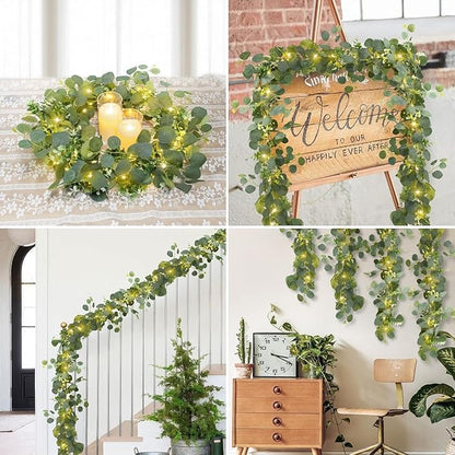 N&T NIETING 4 Pack Artificial Eucalyptus Garland with Lights, 6FT Artificial Greenery Garlands, Battery Operated Twig Vine for Room Stairs Mantle Wedding Holiday Mothers Day Decoration Indoor Outdoor