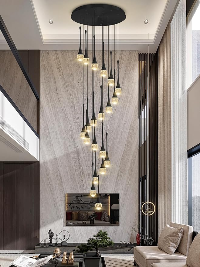 ykolupty 138'' Modern Chandelier,20-Lights Black Modern Pendant Light Fixture Staircase Large Chandelier Lobby Living Room Bedroom Foyer High Ceiling Chandelier